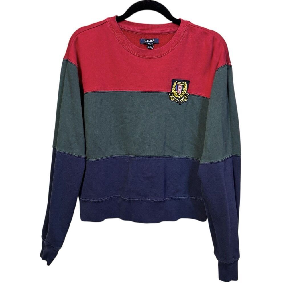 Chaps Ralph Lauren Rugby Striped Crew‎ Neck Sweatshirt Mens L Crest Logo Preppy